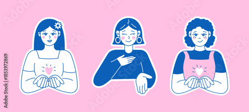 Hand-drawn flat women characters open palms and heart, support and care concepts. International Women’s Day. Give to Gain 2026.