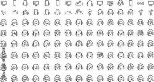 Headphones and Headset Line Icon Mega Set Featuring Audio Devices, Music Listening, Call Center Support, Sound Technology and Communication Equipment Symbols
