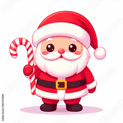 Charming and jovial cartoon Santa Claus illustration, radiating holiday cheer with a sweet candy cane, perfect for festive seasonal designs and joyful Christmas celebrations
