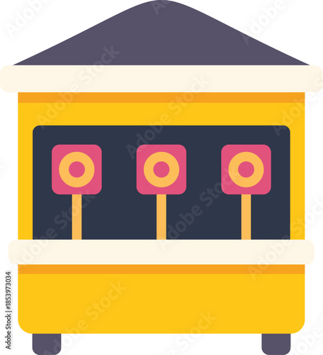 Shooting gallery booth displaying three targets at amusement park or carnival, funfair entertainment attraction