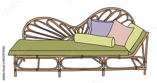 Hand drawn colored line art illustration of a vintage rattan daybed with peacock style backrest and colorful cushions in a mid century modern aesthetic. Vector isolated on transparent background