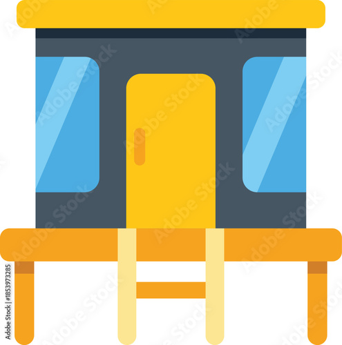 Simple prefabricated building elevated on a wooden terrace accessed by a ladder, ideal for glamping or temporary housing