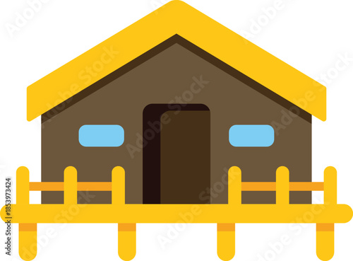 Simple, cozy bungalow perched on wooden stilts, featuring a yellow roof, porch, and a welcoming entrance