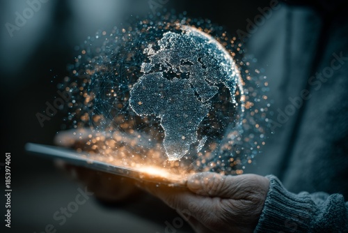 A professional holding an iPad Pro with the screen showing a digital holographic globe and network connection vibe, in a blue color tone, against a dark background. 