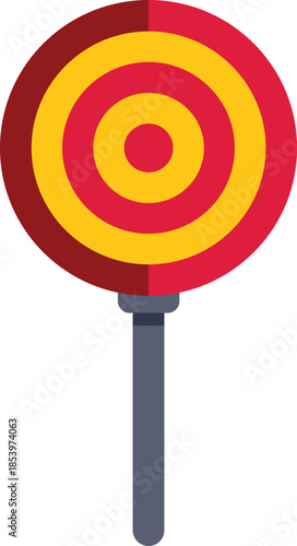 Red and yellow lollipop with concentric circles resembling target, isolated on white background