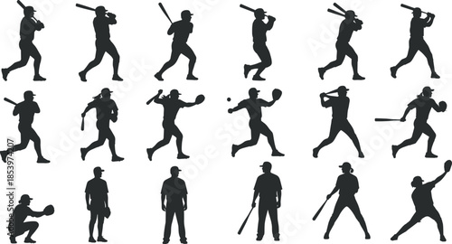 Baseball player silhouette collection, batting pitching running fielding poses set, black athlete sports icons vector isolated background