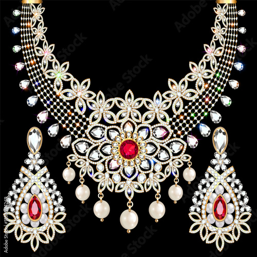 Illustration elegant necklace and earrings with precious stones