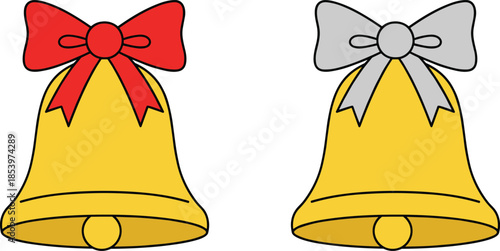 Modern minimalist golden bell vector icons with red and silver bows for Christmas holiday decor wedding invitations and festive celebration branding.