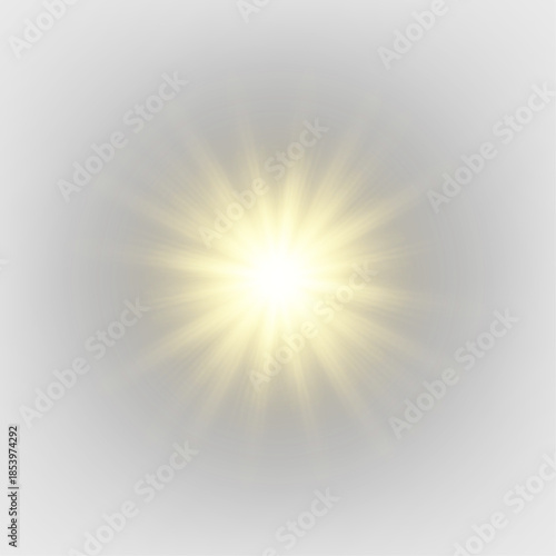 Png star light in yellow and golden tones with sun and strong sunlight rays. Bright sparkle and flying sparks form a powerful starburst. Dramatic glowing light on background. Vector illustration. 