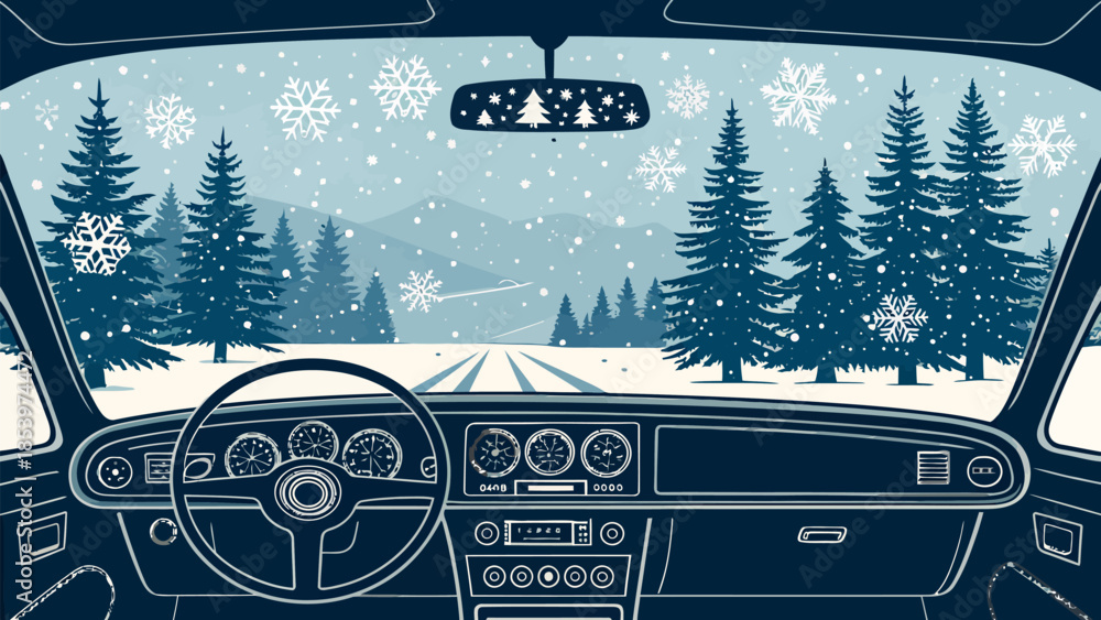 Obraz premium Winter driving scene from inside a car with snowy road and trees