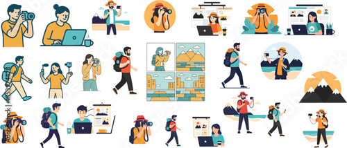 Travel Blogger Character Pack – Adventure, Social Media and Content Creation Scenes Vector Illustration