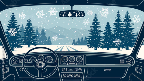 Winter driving scene from inside a car with snowy road and trees