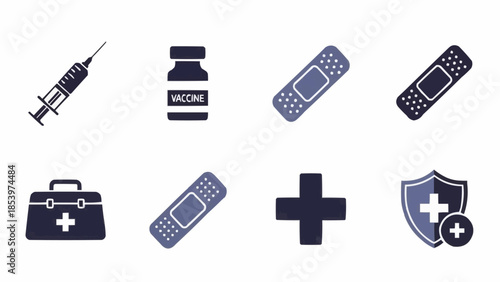 Medical Icons Set Syringe Vaccine Bandage First Aid Kit Cross Shield.