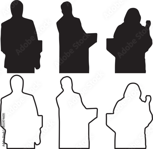 People giving presentation and public speaking silhouettes and outlines isolated on transparent background, Vector, illustration