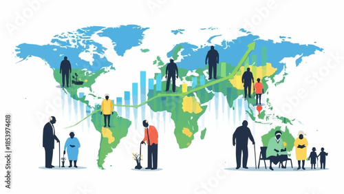 Global population diversity and aging across the world map.