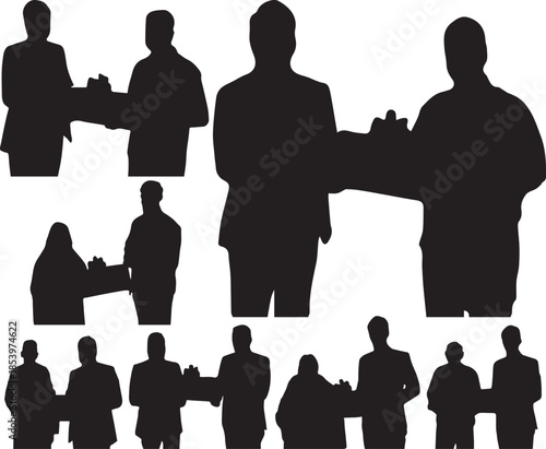 Silhouettes of business people exchanging packages and interacting in professional settings isolated on transparent background, Vector, illustration