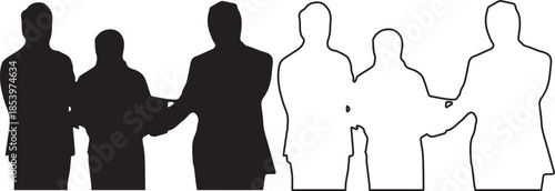 Professional individuals in silhouette and outline shaking hands, symbolizing agreement isolated on transparent background, Vector, illustration