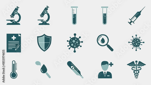 Medical and Scientific Icons Representing Health Research and Diagnostics.