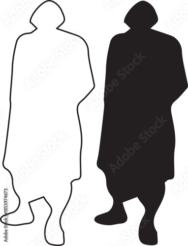Mysterious hooded figures silhouette and outline side by side representing presence and absence isolated on transparent background, Vector, illustration