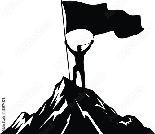 High-Contrast Black Silhouette Illustration of a Person Standing on a Mountain Peak Holding a Large Flag to Symbolize Success and Achievement.