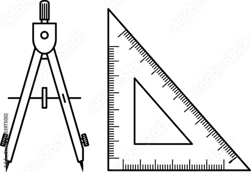 Modern minimalist geometry set vector icon featuring drawing compass and set square for architecture engineering education and technical drafting design elements.