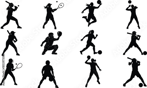 Multi sport athlete silhouette collection, players performing football basketball tennis baseball actions, black vector sports icons isolated background