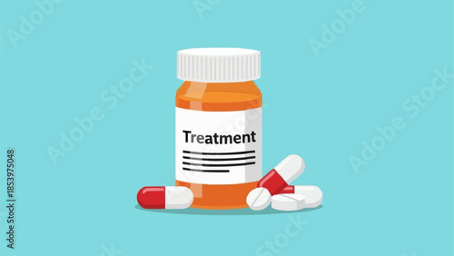 Medical treatment bottle with pills and capsules illustration.