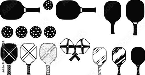 Pickleball paddle silhouette collection, racket and ball shapes set, black sports equipment icons, modern vector illustrations isolated background