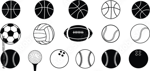 Sports ball silhouette collection, football basketball tennis baseball golf icons set, black vector illustrations isolated white background
