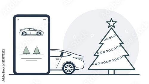 Smartphone with car shopping app open next to a decorated Christmas tree and a car
