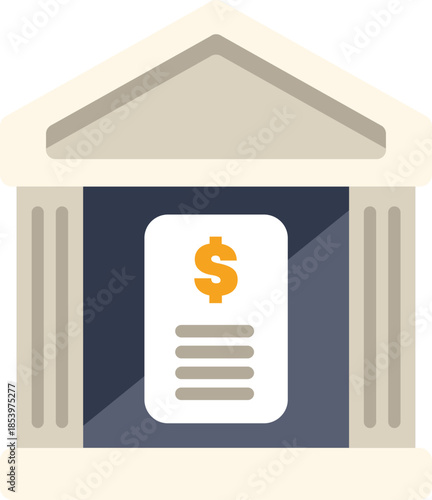 Classic bank building displaying financial statement with dollar sign, representing investment, savings, and banking services