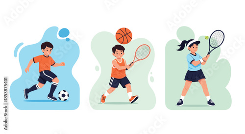 Group of children actively participating in different sports including soccer, tennis, and basketball highlighting youth fitness and team play.