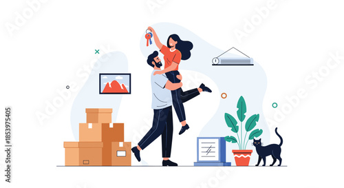 Excited young couple celebrating their move into a new home while the man lifts the woman who is holding up the keys amidst several moving boxes.