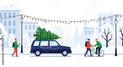 Charming winter street scene featuring a car with a Christmas tree on its roof and people walking and cycling under festive holiday light strings.