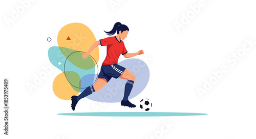 Athletic female soccer player in a red jersey skillfully dribbling a ball across a stylized field during a competitive match or training session.