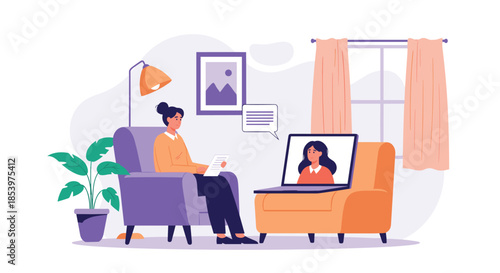 Professional online therapy session showing a patient talking to her psychologist through a laptop screen in a comfortable home office setting.