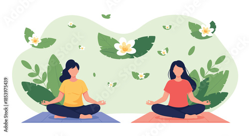 Two women practicing meditation in a peaceful outdoor setting surrounded by lush green leaves and floating white flowers for wellness and calm.