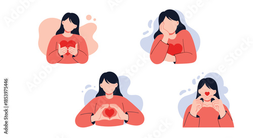 Collection of four illustrations showing a woman expressing love and affection with red hearts in various poses for emotional communication.