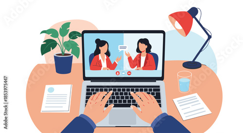 First person perspective of a person attending a business video conference on a laptop with two female colleagues discussing work from home.