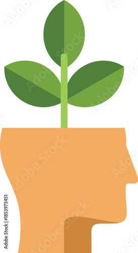 Green plant growing from open human head representing new thoughts, creativity, and potential for growth