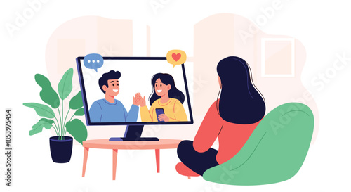 Woman sitting on a bean bag chair and watching a video call between a man and a woman on her large computer screen at home for entertainment.