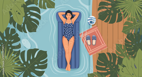 Top view of a relaxed woman floating on a blue inflatable mattress in a swimming pool surrounded by tropical palm leaves and beach accessories.