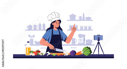 Talented female chef recording a professional cooking tutorial for her social media channel while preparing fresh vegetables in a kitchen.