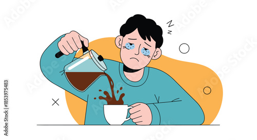 Exhausted man with dark circles under his eyes accidentally spilling coffee onto the table while trying to pour a cup during a late night.