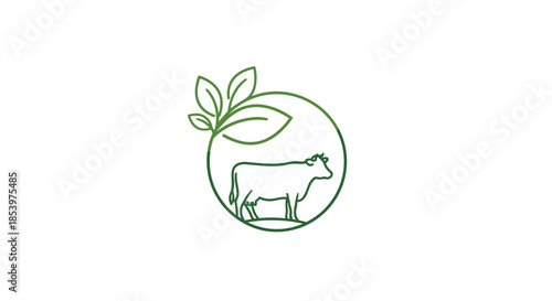 Elegant minimalist line art logo design featuring a cow silhouette enclosed in a circle with delicate green leaves on top for organic branding.