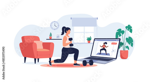 Active woman following an online fitness class on her laptop while performing lunges with dumbbells in her living room for home workout.