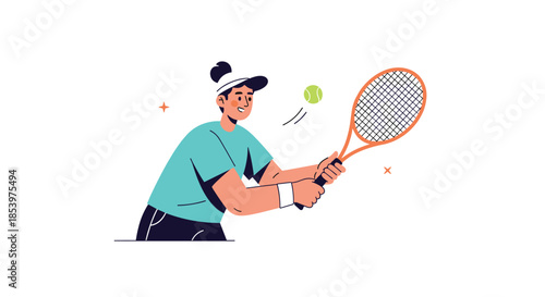 Skillful female athlete wearing a visor and hitting a tennis ball with her racket during a game on a court against a clean white background.