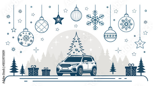 Festive holiday scene with car and Christmas tree on snowy road