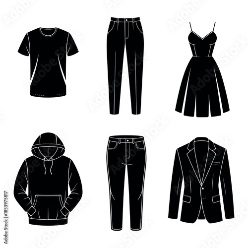 Collection of various black clothing items for men and women