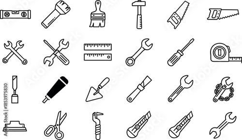 Hand tools and construction equipment icon set in outline style featuring wrench, hammer, saw, screwdriver, ruler, and repair service symbols